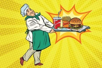 The chef brings a tray of fast food. Pop art retro comic book vector illustration. The chef brings a tray of fast food