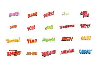 cartoon words label set isolated on a white background. nice bam super love game over star you sweet surprise hey thanks fine superb bingo look amazing bye welcome awesome good. Pop art retro vector illustration. cartoon words label set isolated on a white background