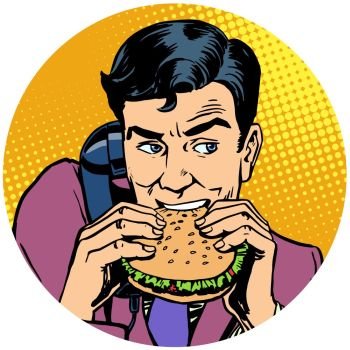 businessman eating a Burger and talking on the phone. pop art avatar character round icon. retro vector illustration. businessman eating a Burger and talking on the phone pop art ava