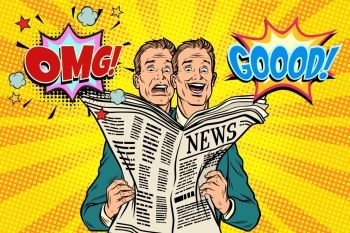 Good and bad newspaper news, the reaction of men. Pop art retro vector illustration. Good and bad newspaper news, the reaction of men