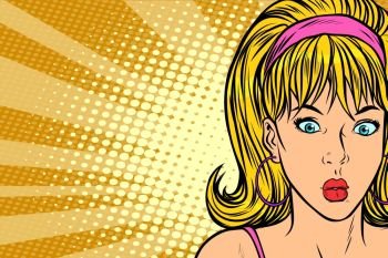 kitsch woman surprised girl blonde. Pop art retro vector Illustrator. kitsch woman surprised girl blonde