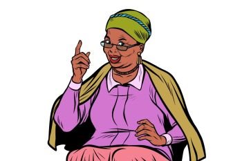 African elderly woman pointing finger up, isolate on white background. Pop art retro vector illustration. African elderly woman pointing finger up, isolate on white backg
