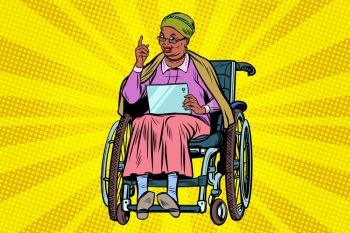 elderly African woman disabled person in a wheelchair, gadget tablet. Pop art retro vector illustration. elderly African woman disabled person in a wheelchair, gadget ta