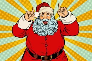 Santa Claus pointing finger up. Christmas and New year. Pop art retro vector illustration. Santa Claus pointing finger up