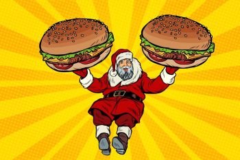 Santa Claus with two burgers, fast food delivery gift. Pop art retro vector illustration. Santa Claus with two burgers, fast food delivery gift