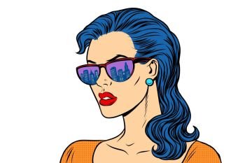Woman in sunglasses with the reflection city. Isolated on white background. Pop art retro vector illustration. Woman in sunglasses with the reflection city