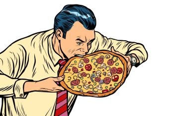 man eating pizza, isolated on white background. Pop art retro vector illustration. man eating pizza, isolated on white background
