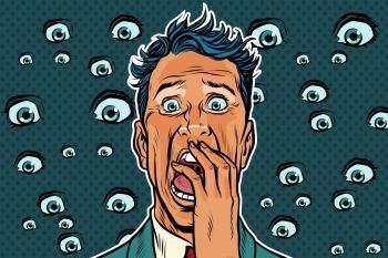 Horrible background with eyes and a frightened man. Pop art retro vector illustration. Horrible background with eyes and a frightened man
