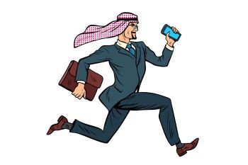 Running Arab businessman isolated on white background. Pop art retro vector illustration. Running Arab businessman isolated on white background