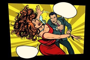 Fight, man hits woman. Domestic violence. Crime. Pop art retro vector illustration drawing. Fight, man hits woman. Domestic violence