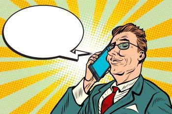 Businessman talking on the phone. Pop art retro vector illustration. Businessman talking on the phone