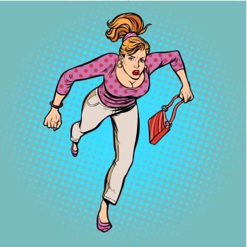Beautiful woman with a bag running. Pop art retro vector illustration comic cartoon vintage kitsch drawing. Beautiful woman with a bag running