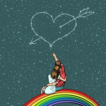 heart pierced by an arrow over a couple in love. Pop art retro vector illustration kitsch drawing. heart pierced by an arrow over a couple in love