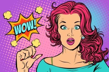 wow woman points to herself. wow woman points to herself. Pop art retro vector illustration vintage kitsch drawing. wow woman points to herself