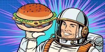 Smiling male astronaut presents Burger. Smiling male astronaut presents Burger. Pop art retro vector illustration vintage kitsch drawing. Smiling male astronaut presents Burger