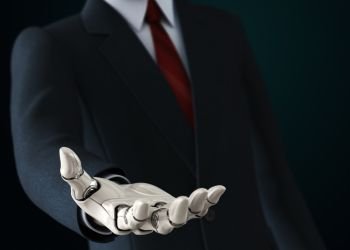Robot in suit giving his empty hand. Robot in suit giving his empty hand. 3D illustration