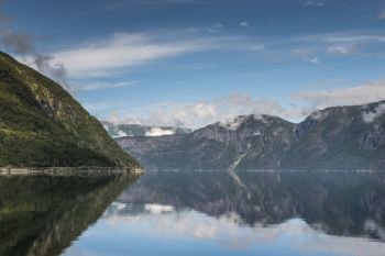 reflection of mountains and nature in eidfjord norway