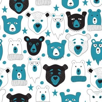 Vector Seamless Pattern with  Bears Heads, snow, and stars