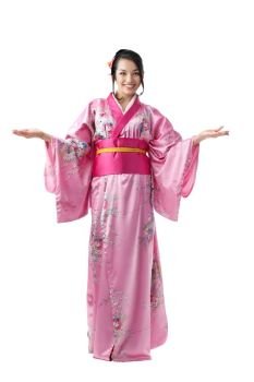 Full Length of the Young Japanese Woman Wearing a Traditional Kimono Dress and Welcomes Everybody at the White Background