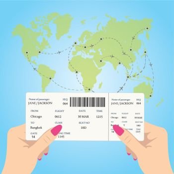 Women’s hands are holding a boarding pass. Women’s hands are holding a boarding pass for the plane on a background map of the world, , vector illustration. Women’s hands are holding a boarding pass