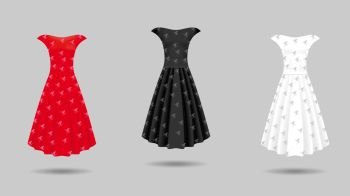 Women’s dress mockup collection. Dress with long pleated skirt. Realistic vector illustration