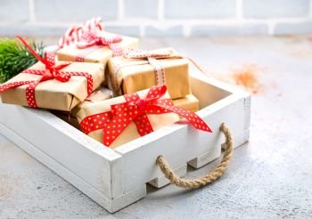 christmas background, box for present on a table
