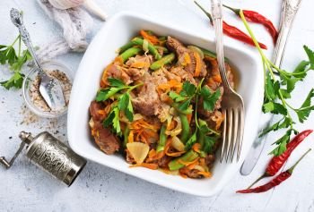 baked meat with green beans, meat with vegetables, stock photo