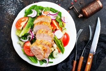 chicken with vegetables. baked chicken with salad, chicken and vegetables, diet food, stock photo