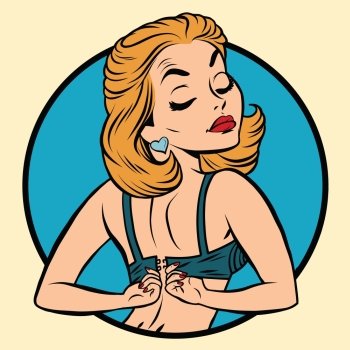 Pin-up girl wears a bra, pop art comic illustration