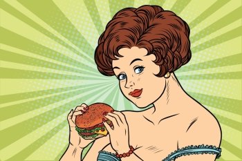 Beautiful sexy woman and Burger. Delicious food. Cartoon comic illustration pop art retro style vector. Beautiful sexy woman and Burger