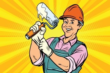 Construction worker with the repair tool roller for paint. Comic book cartoon pop art retro colored drawing vintage illustration. Construction worker with roller for paint