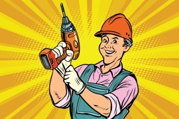 Construction worker with the repair tool drill. Comic book cartoon pop art retro colored drawing vintage illustration. Construction worker with the repair tool drill