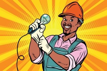 Construction worker with the repair tool  light bulb. African American people. Comic book cartoon pop art retro colored drawing vintage illustration. Construction worker with  light bulb