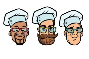 Head chefs multi-ethnic group. Comic cartoon style pop art retro vector illustration. Head chefs multi-ethnic group