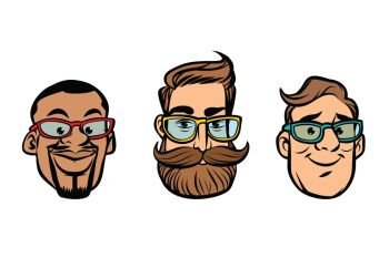 Head stylish guys, hipsters, multi-ethnic group. Comic cartoon style pop art retro vector illustration. Head stylish guys, hipsters, multi-ethnic group