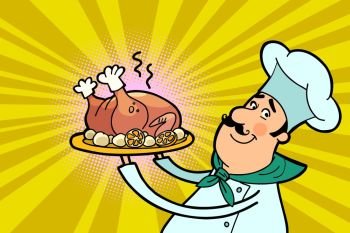 Chef cook character with roast poultry. chicken or Turkey. Thanksgiving holiday. The restaurant and cooking. People in the profession. Comic cartoon port art retro illustration vector. Chef cook character with roast poultry