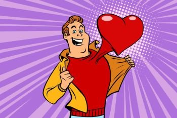 Valentine day, man in love with a red heart. Comic cartoon style pop art illustration vector retro. Valentine day, man in love with a red heart