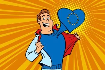 happy man fan, the European Union heart. Comic cartoon style pop art illustration vector retro. happy man fan, the European Union heart