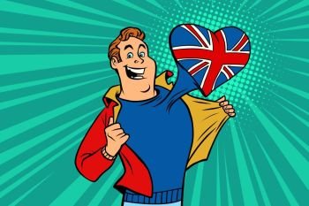 sports fan loves UK. Heart with flag of the country. Comic cartoon style pop art illustration vector retro. sports fan loves UK