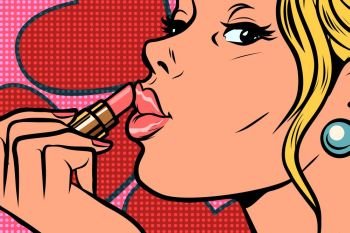 Woman paints lips with lipstick. Beauty and cosmetics. Comic caricature vector pop art retro illustration drawing. Woman paints lips with lipstick