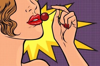 Woman and a red cherry. Comic caricature vector pop art retro illustration drawing. Woman and a red cherry
