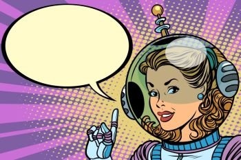 Science fiction woman astronaut hero. Comic book cartoon pop art retro vector illustration drawing. Science fiction woman astronaut hero