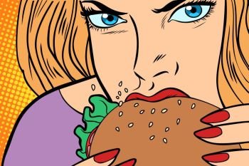 Hungry woman eats Burger. fast food. Comic book cartoon pop art retro color illustration drawing. Hungry woman eats Burger