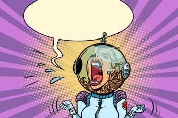 Funny angry woman astronaut. Comic book cartoon pop art retro vector illustration drawing. Funny angry woman astronaut