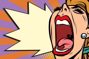 Close-up face pop art woman screaming rage. Comic book cartoon retro vector illustration drawing. Close-up face pop art woman screaming rage