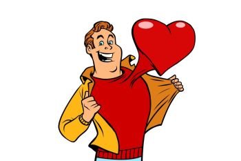 romantic man with a red heart Valentine. Comic cartoon style pop art illustration vector retro. romantic man with a red heart Valentine