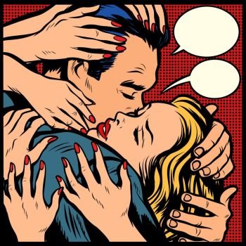 the passion of love. woman hugging man. Comic book cartoon pop art retro illustration. the passion of love. woman hugging man