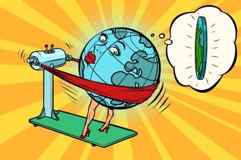Fat wants to lose weight, character planet Earth. Comic book cartoon pop art illustration retro drawing. Fat wants to lose weight, character planet Earth