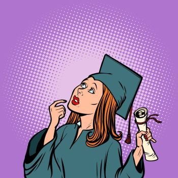 girl graduate thought, the student of College and University. Comic book cartoon pop art retro illustration vector. girl graduate thought, the student of College and University