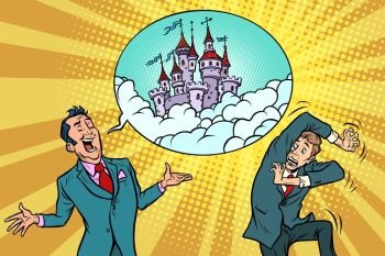Confident businessman offers a man fabulous castle in the sky. Comic book cartoon pop art retro illustration. Confident businessman offers a man fabulous castle in the sky
